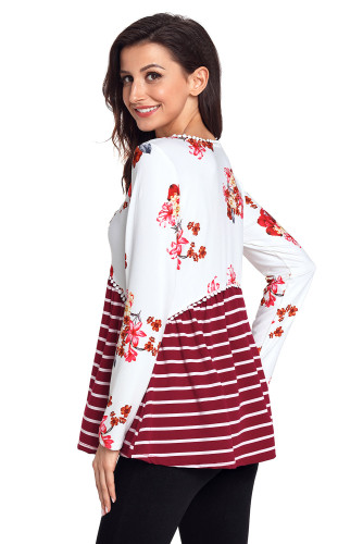 Wine Floral Striped Babydoll Tunic