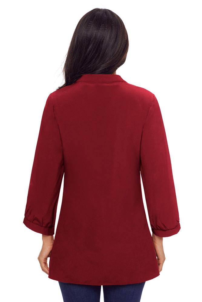 Wine Lace and Pleated Detail Button up Blouse