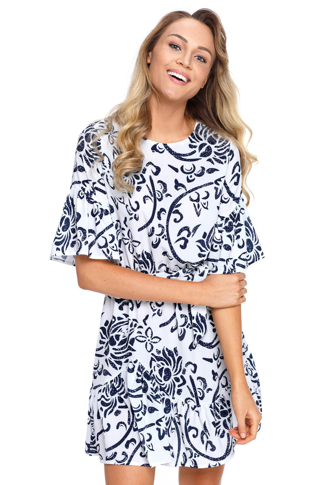 Blue Floral Pattern Ruffle Hem Chiffon Dress