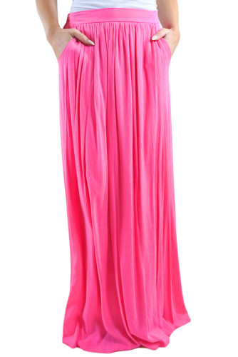 Rosy Elastic Waist Pleated Gauze Maxi Skirt with Lining