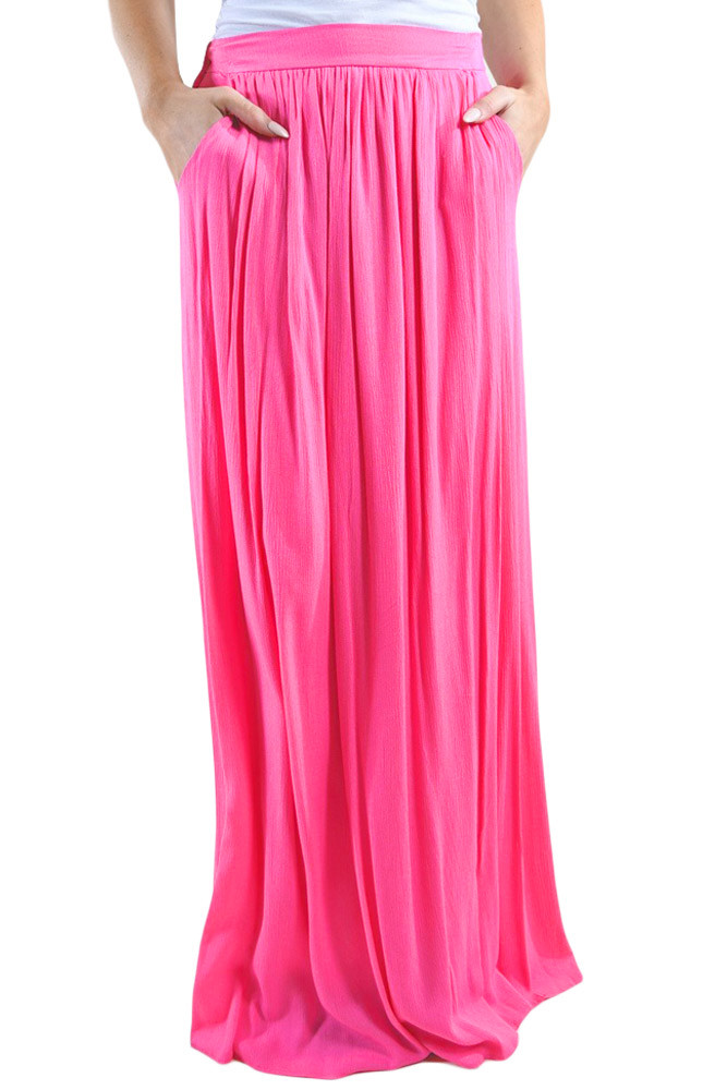 Rosy Elastic Waist Pleated Gauze Maxi Skirt with Lining