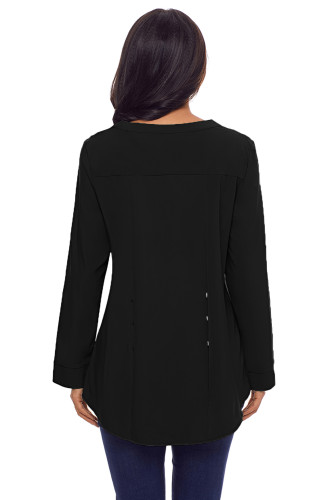 Black Lace Panel Split Neck Roll Tab Sleeve Blouse