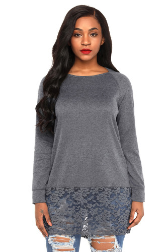Grey Lace Trim Oversize Hoodie