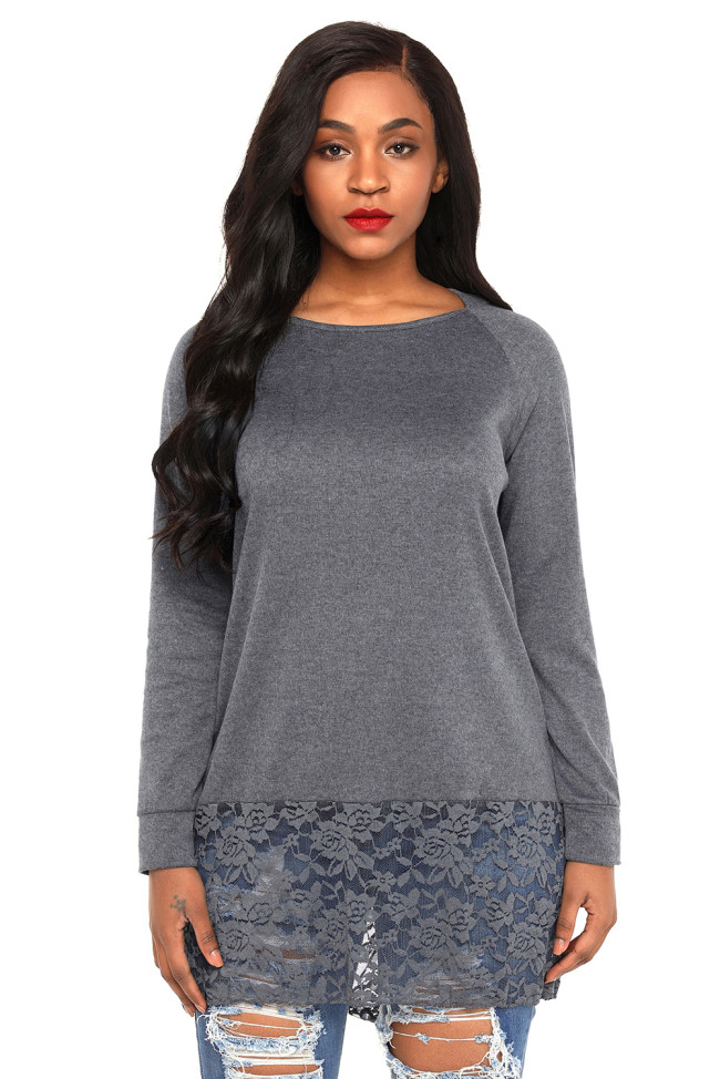 Grey Lace Trim Oversize Hoodie