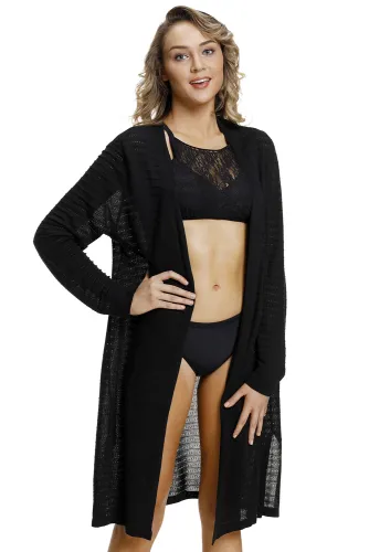 Black Lightweight Knit Long Open Cardigan