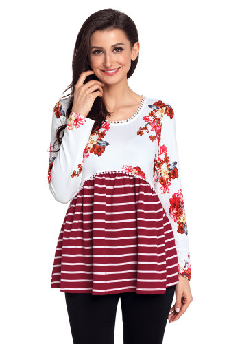 Wine Floral Striped Babydoll Tunic