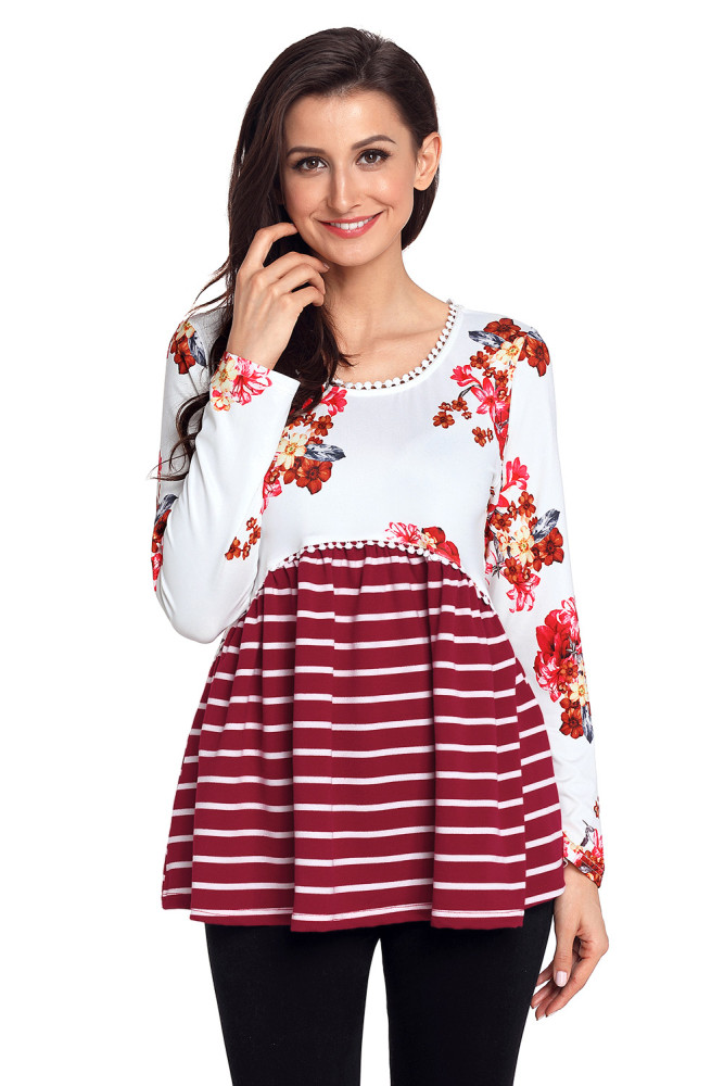 Wine Floral Striped Babydoll Tunic