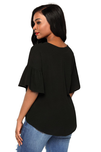 Black Short Bell Sleeves Sheer Chiffon Blouse