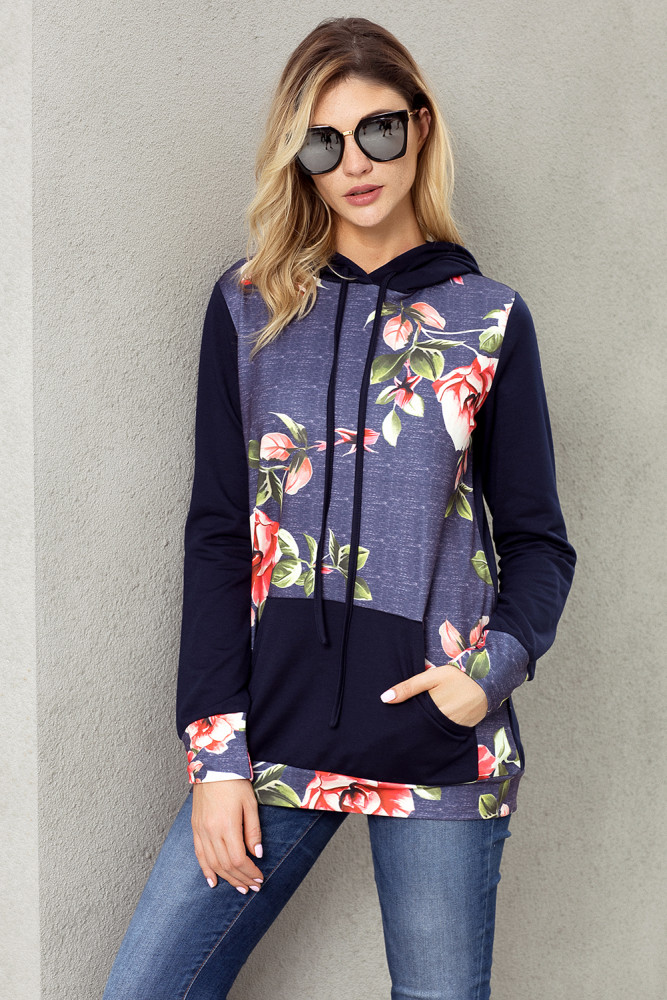 Navy Kangroo Pocket Floral Hoodie