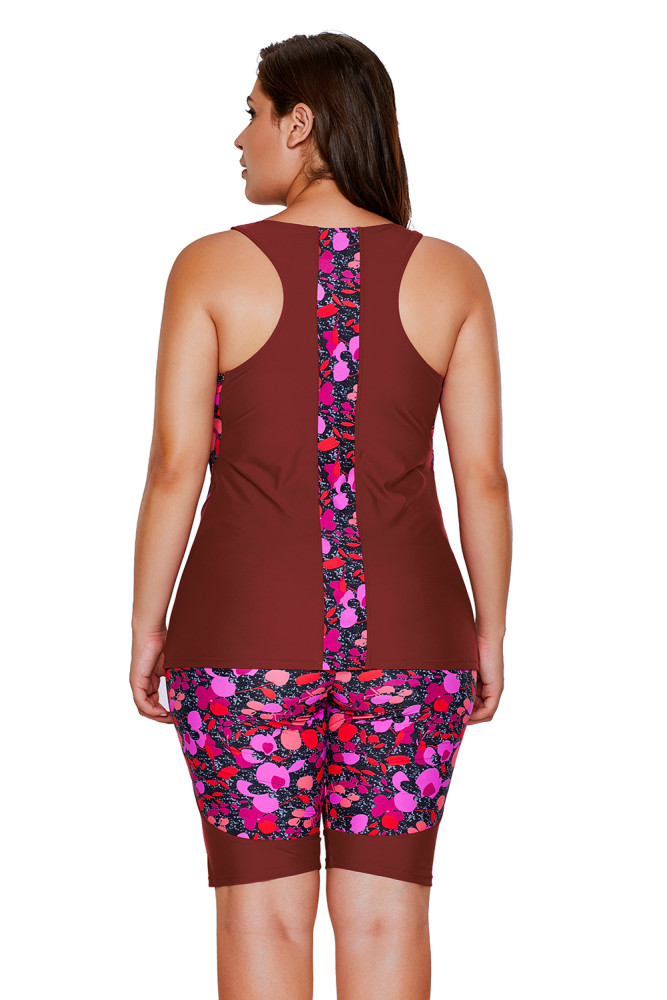 Burgundy Floral Insert Tankini and Short Sports Suit