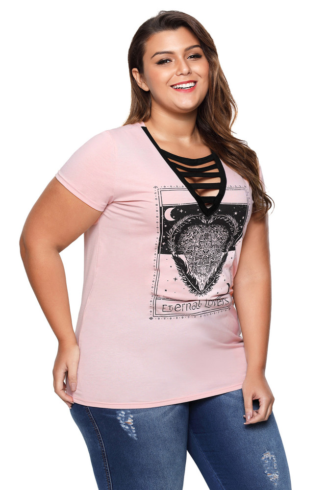 Strappy V-Neck Graphic Print Peachy Plus Size T-shirt