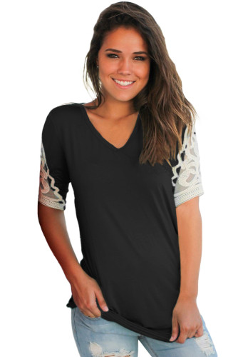 Black Ruched Top with Crochet Detail
