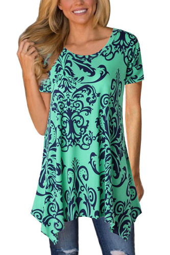 Mint Damask Print Irregular Hem Short Sleeve Blouse