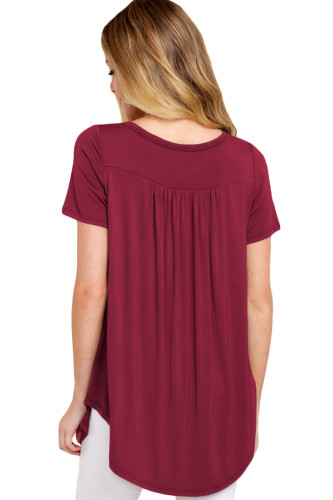 Burgundy Button Front Babydoll Flowy Tee Top with Pleats