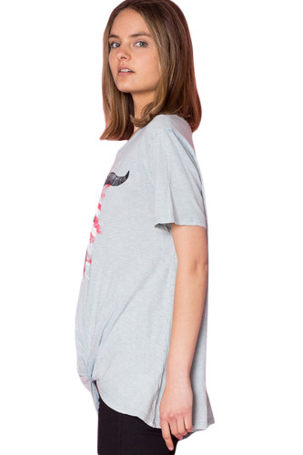Gray American Bull Head Front Knot Graphic Top