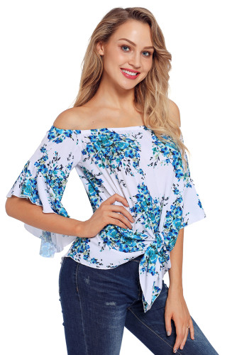 Navy Floral Tie Front Off The Shoulder Top