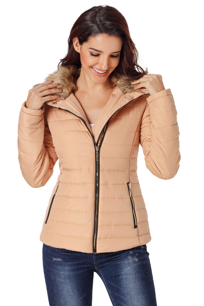 Camel Faux Fur Collar Trim Black Quilted Jacket