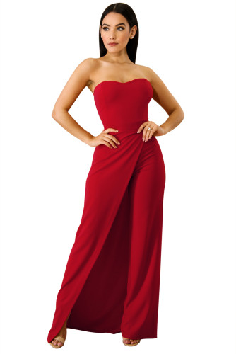 Red Asymmetric Split Leg Strapless Jumpsuit