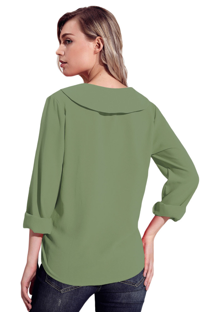 Sage Green Lapel V Neck Roll Sleeve Blouse