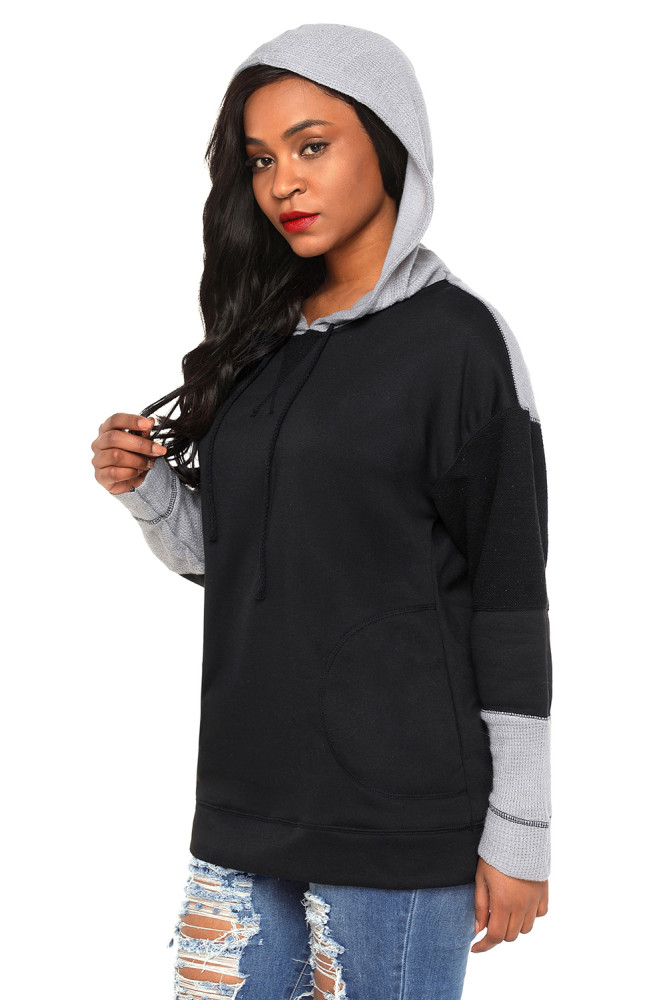 Waffle Knit Splice Black Pocket Hoodie