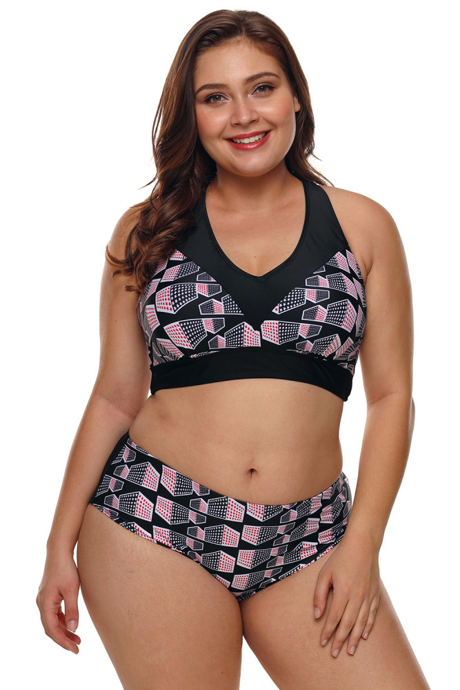 Plus Size Geometry Cross Back Bikini Swimsuit