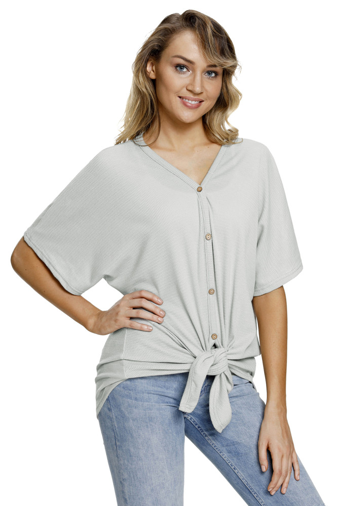 Green Dolman Buttoned Front Top with Tie
