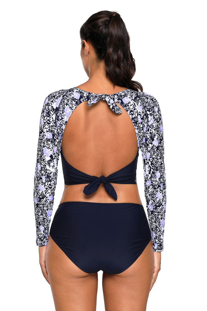 Navy Blue Surf Rashguard Protection Swimming Raglan Sleeve Swimsuit