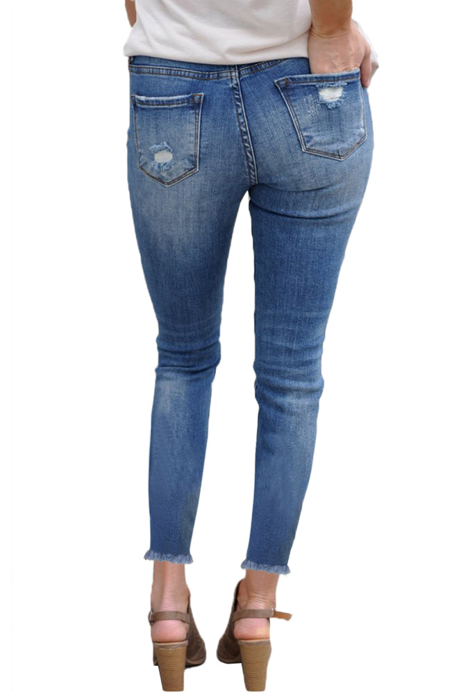 Faded Medium Blue Wash Distressed Jeans