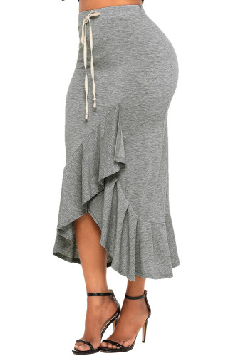 Grey Elastic Waist Drawstring Ruffle Skirt