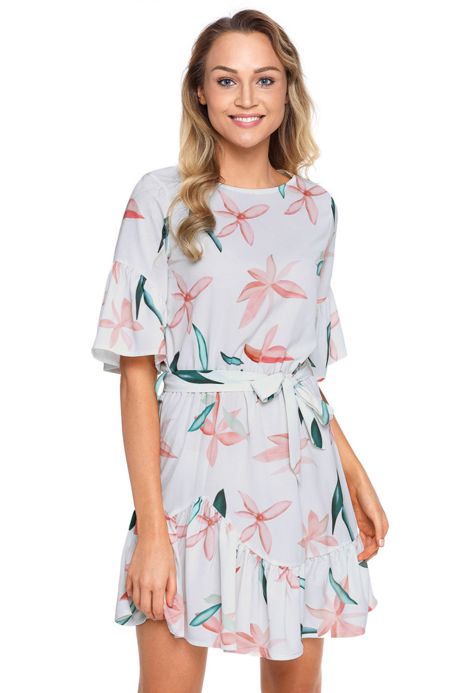 Pink Floral Pattern Ruffle Hem Chiffon Dress