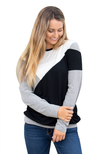 Black Shoulder Slope Trio Color Block Sweatshirt