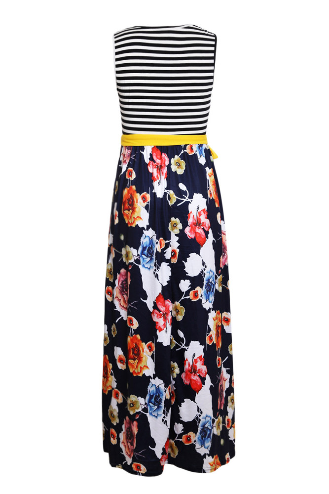 Navy Floral Scatter Striped Sleeveless Boho Dress