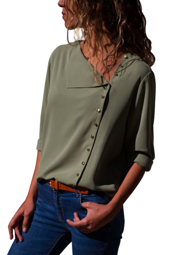 Sage Green Turndown Collar Asymmetric Button Down Blouse