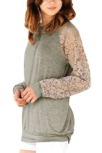 Lace Raglan Sleeve Grey Casual Sweatshirt