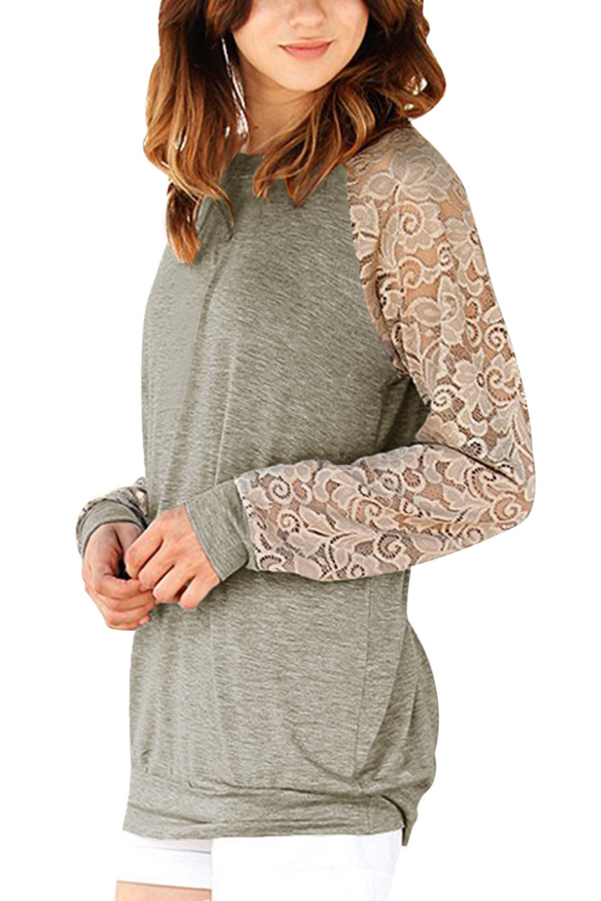 Lace Raglan Sleeve Grey Casual Sweatshirt