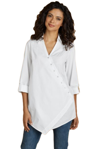 White Roll Tab Long Sleeve Asymmetric Button Blouse