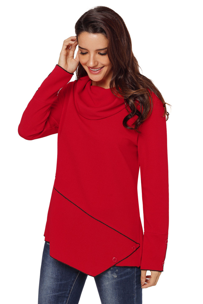 Red Button Detail Asymmetric Cowl Neck Sweatshirt