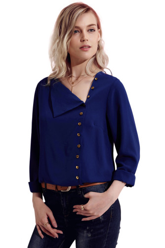 Navy Turndown Collar Asymmetric Button Down Blouse