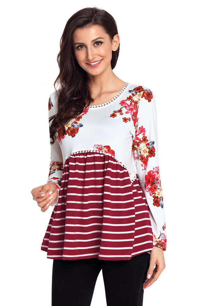 Wine Floral Striped Babydoll Tunic