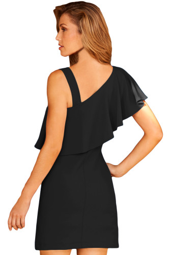 Black One Shoulder Ruffle Elegant Mini Dress