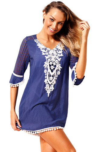Blue Crochet Pom Pom Trim Beach Tunic Cover up