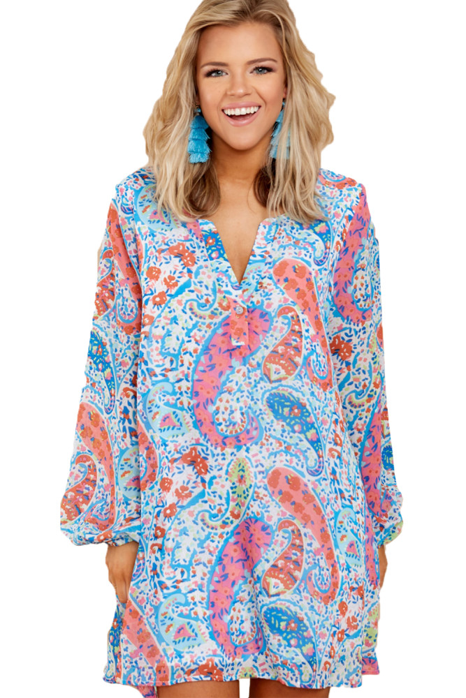 Abstract Fish Print V Neck Chiffon Dress