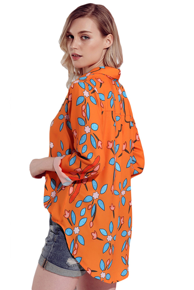 Orange Long Sleeve Floral Print Button Front Shirt