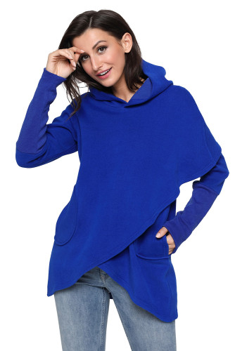 Royal Blue Tulip Wrap Cape Style Long Sleeve Hoodie