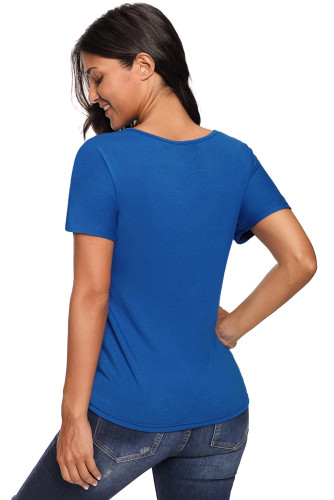 Royal Blue V-Neck Twist Ruched Basic Short Sleeve Tee