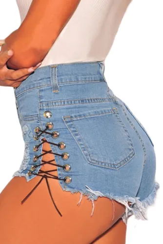 Blue Denim Ripped Lace Up Sides High Waist Shorts