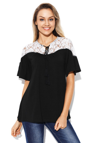 White Lace Splice Black Short Sleeve Blouse