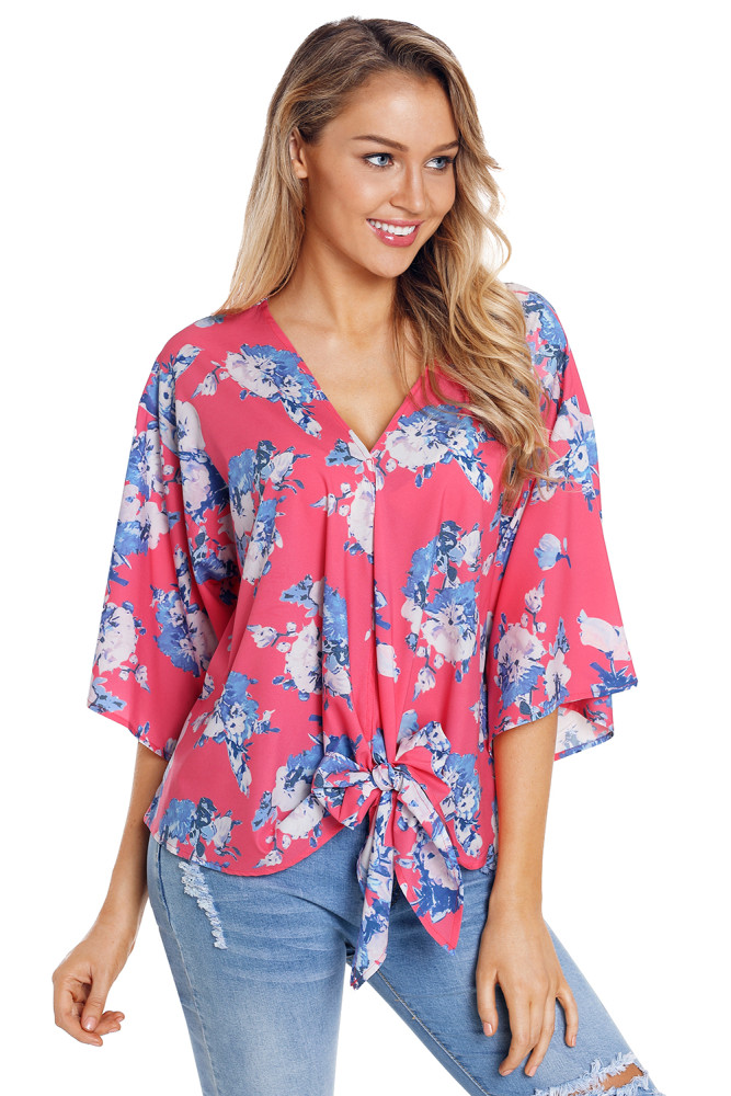 Rose Flowery Print Tie Front Kimono Sleeve Blouse