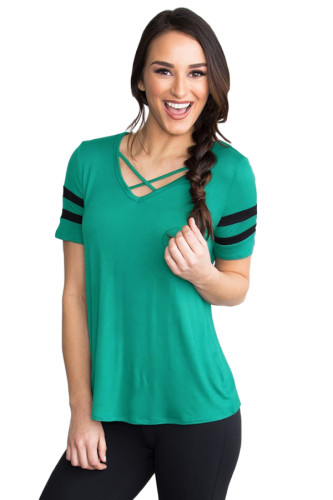 Varsity Striped Short Sleeve Mint V Neck T-shirt