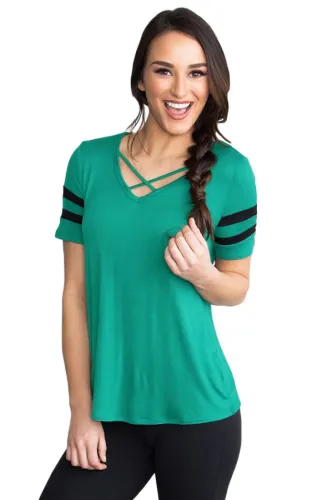 Varsity Striped Short Sleeve Mint V Neck T-shirt